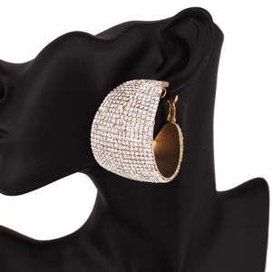 Gold Crystal Hoop Earrings Wide Bold 1.75" Trend Fashion Statement Accessory